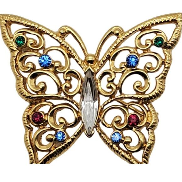 Monet Butterfly Brooch Gold Tone Filigree Pin Rhinestone Jewel Tones Insect - Picture 5 of 5